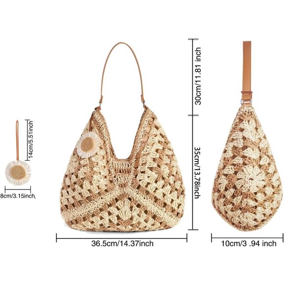 Women's Khaki Straw Beach Bag Vintage Hobo Shoulder Tote Summer Bag for Travel - Picture 4 of 5